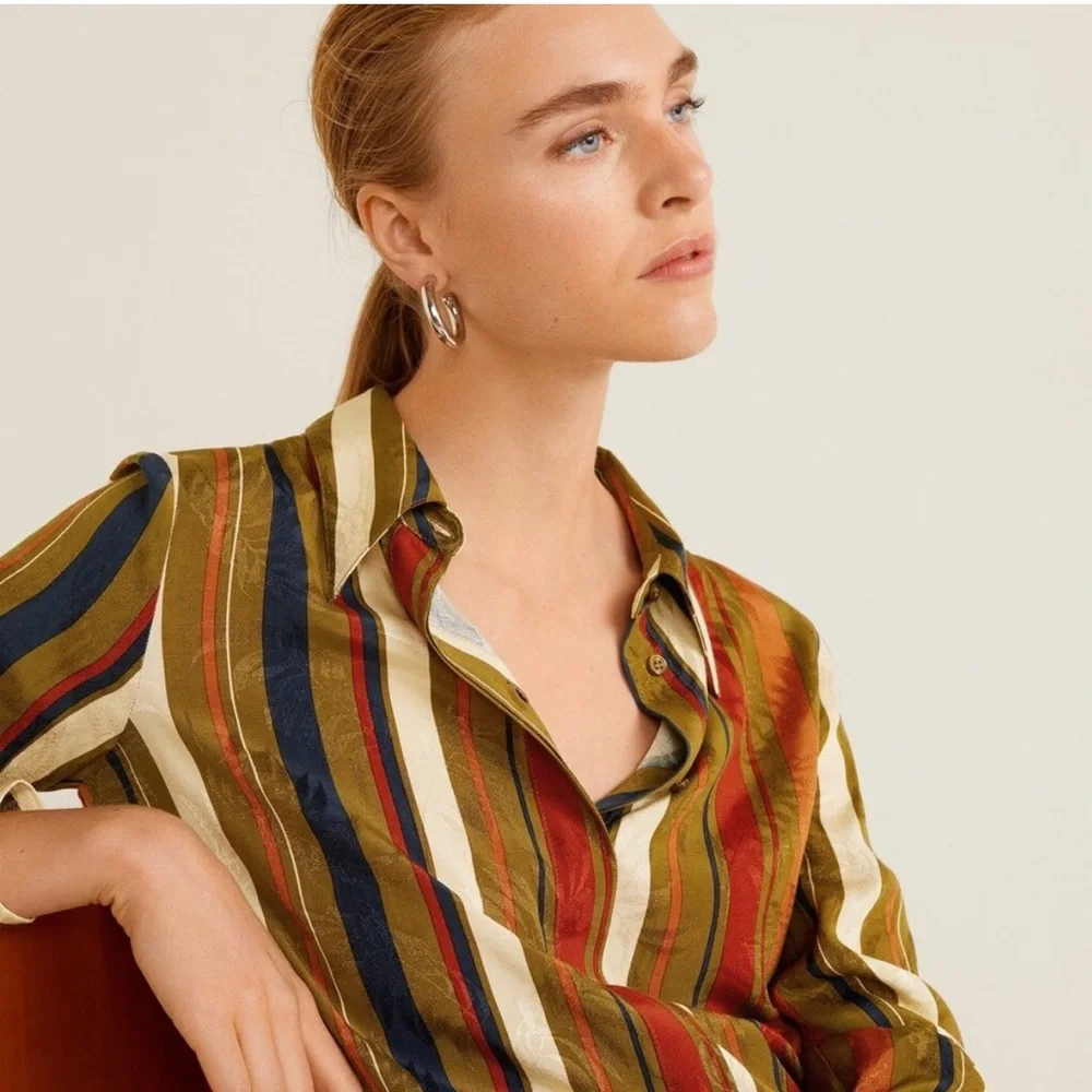 Mango Multicolor Fall Striped Button Down Shirt Size US 2 - Picture 4 of 9